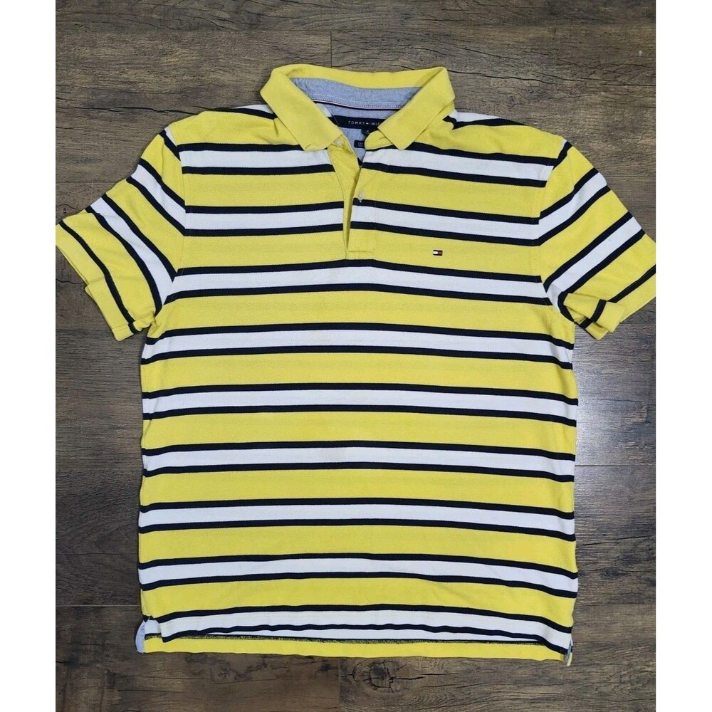 Tommy Hilfiger Polo Shirt Men's XL Yellow Blue Striped Custom Fit Short Sleeve